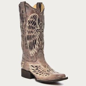 Brown Western Corral Boots with Wing and Cross Design
